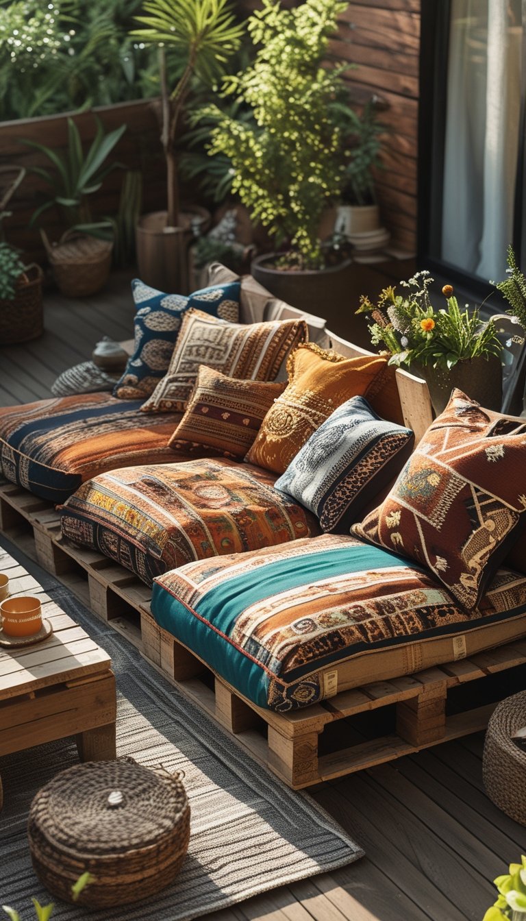 Outdoor patio with a low wooden pallet sofa covered in colorful patterned cushions, surrounded by plants and a small coffee table.