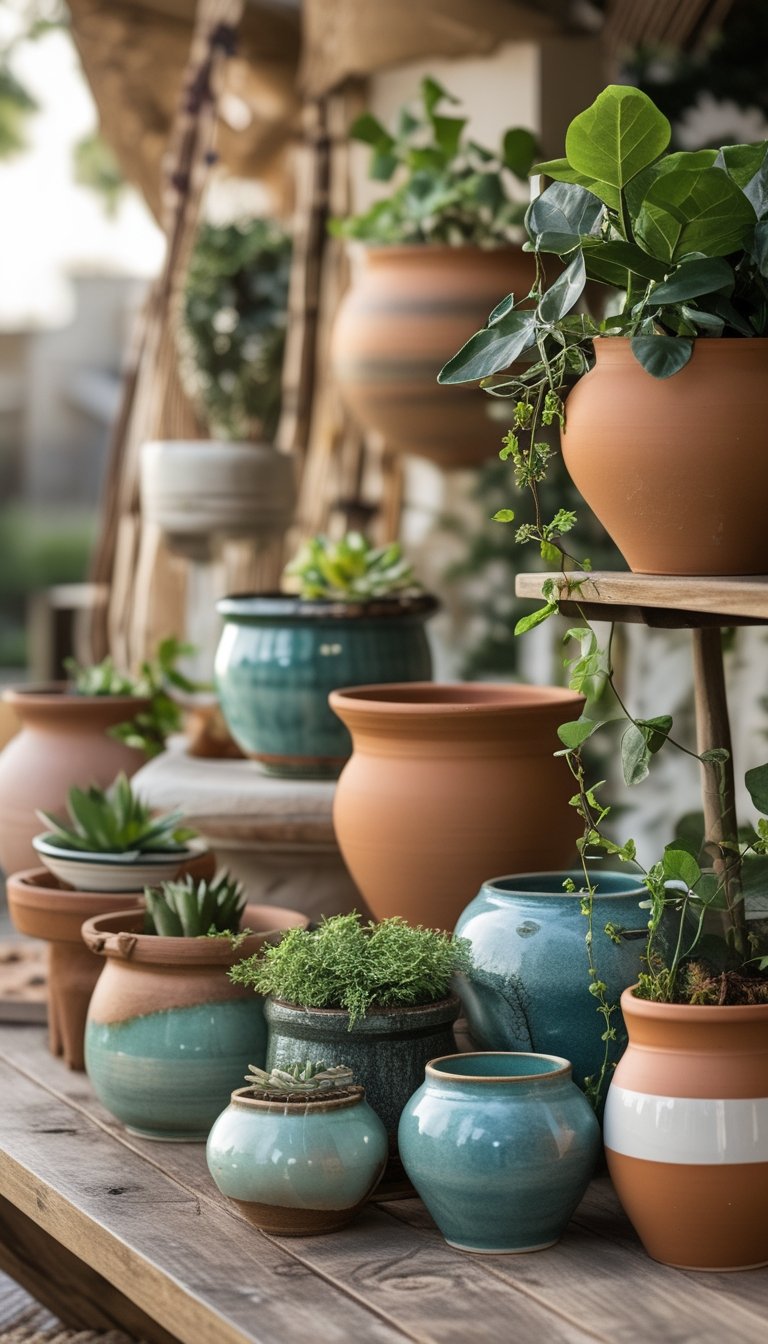 Various terracotta and glazed ceramic plant pots displayed outdoors on a wooden table with plants and greenery in the background.