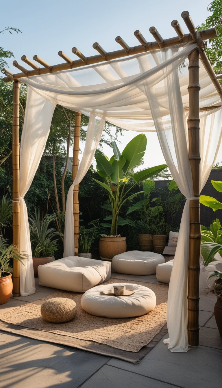 Outdoor patio with a canopy made of sheer curtains hung on bamboo poles, surrounded by plants and wooden furniture.