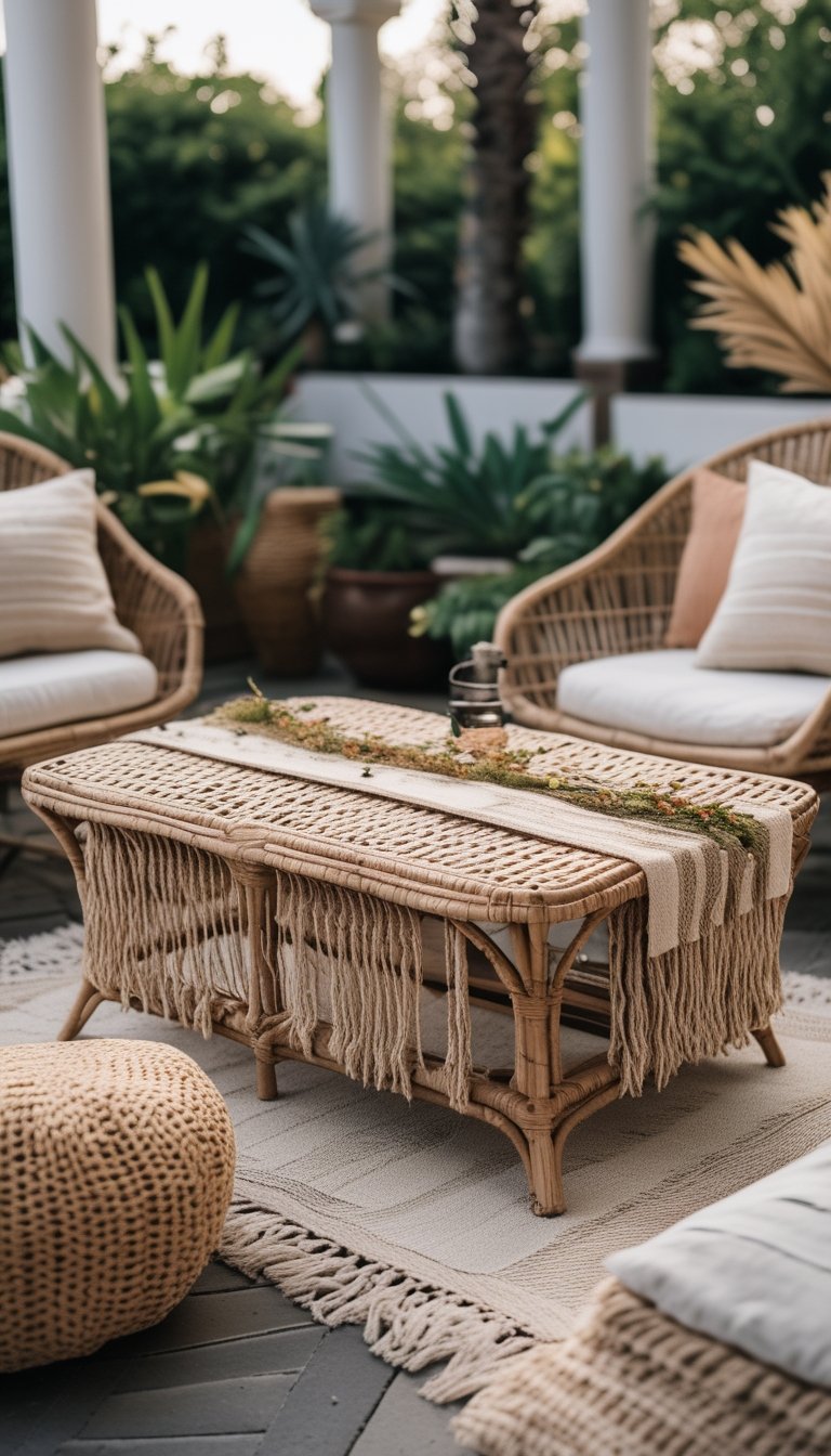 Woven rattan coffee table with a fringe runner on an outdoor patio surrounded by plants and seating.