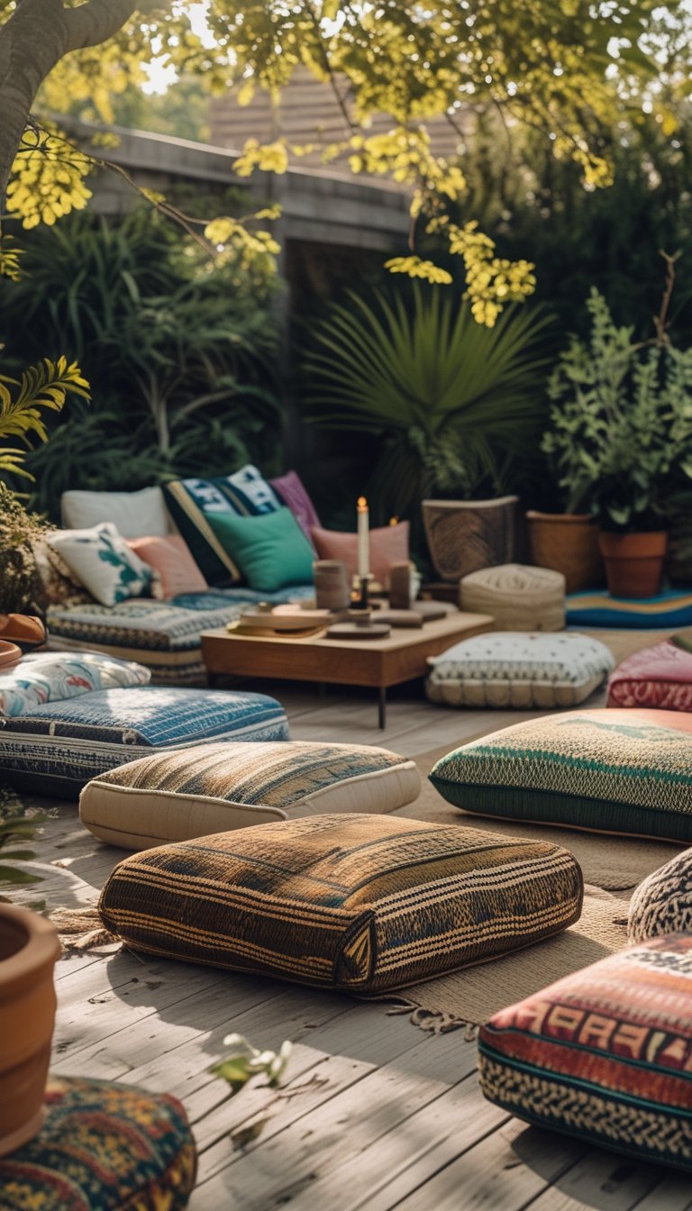 Outdoor patio with assorted colorful floor cushions and poufs arranged on a wooden deck surrounded by plants and soft sunlight.