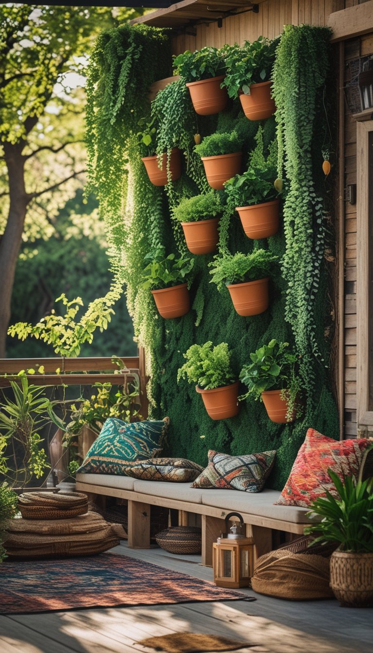 Outdoor patio with a wooden wall covered in hanging planters filled with trailing green plants, surrounded by rustic furniture and decorative items.