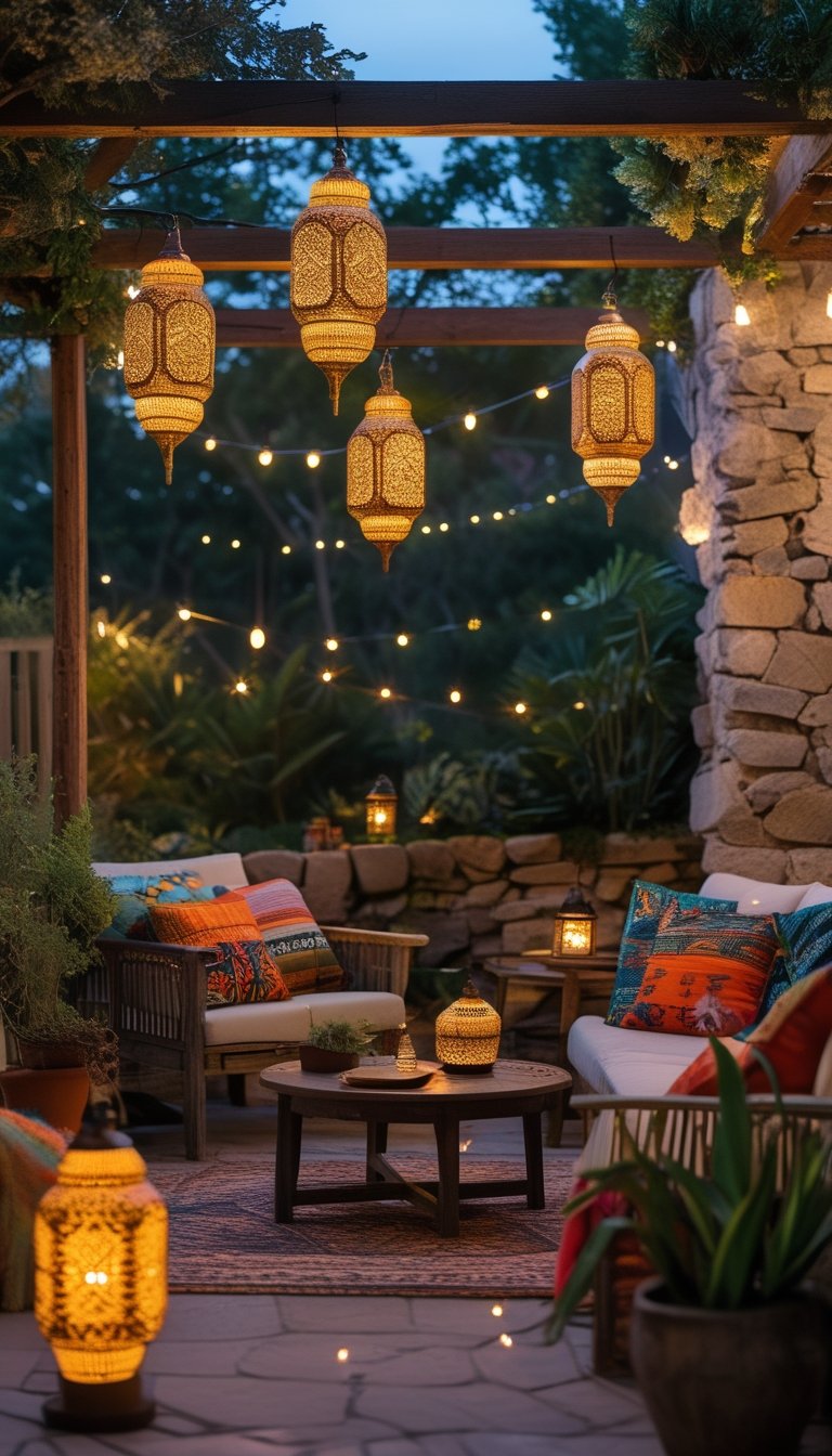 An outdoor patio with solar-powered lanterns hanging and placed around seating with cushions, surrounded by plants and warm ambient lighting.