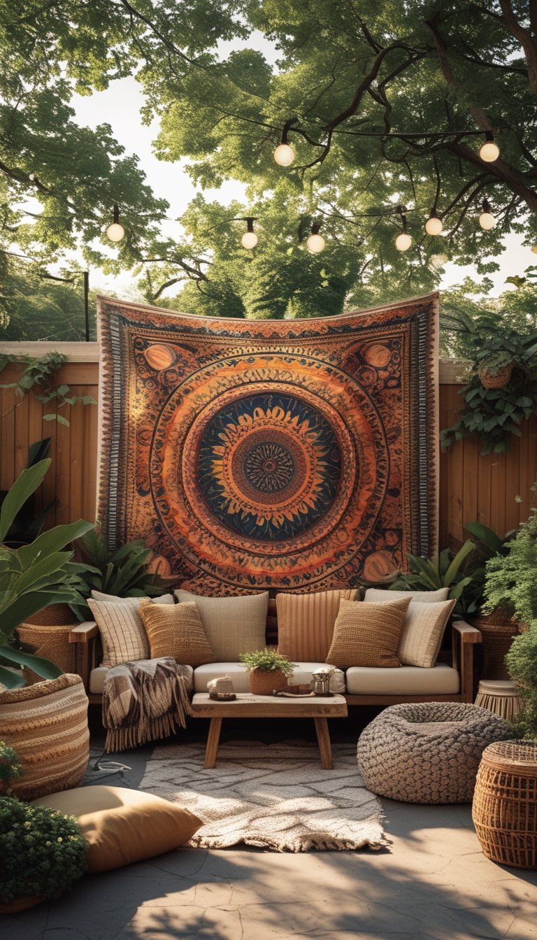 Outdoor patio with a colorful tapestry hung on a wall, surrounded by seating, cushions, plants, and soft natural light.