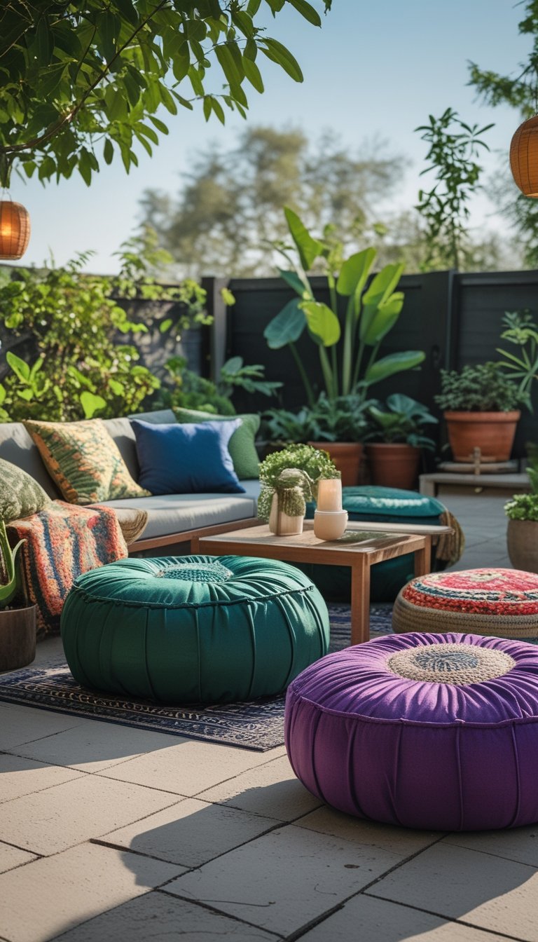 Outdoor patio with colorful pouf ottomans arranged around a low table, surrounded by plants and cozy textiles.