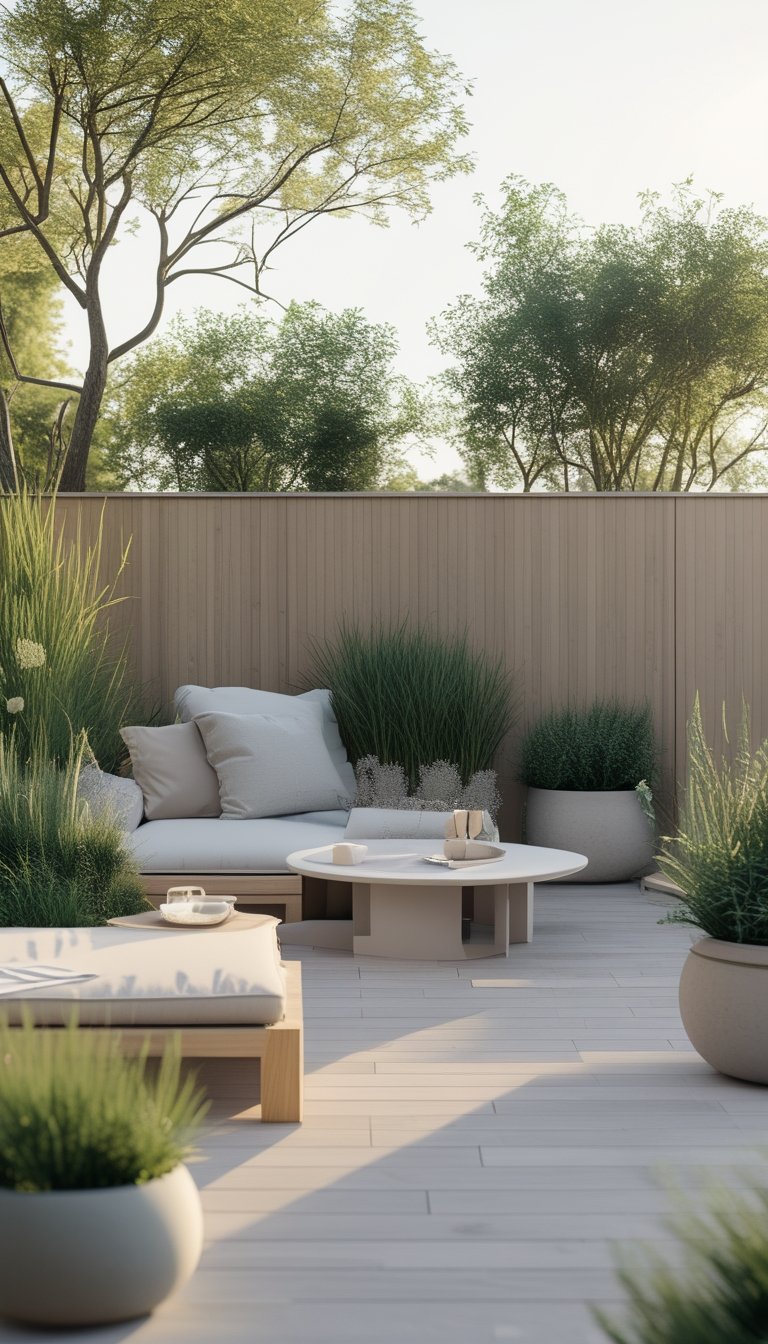 An outdoor patio with wooden decking, simple seating, green plants, and a peaceful atmosphere under natural light.