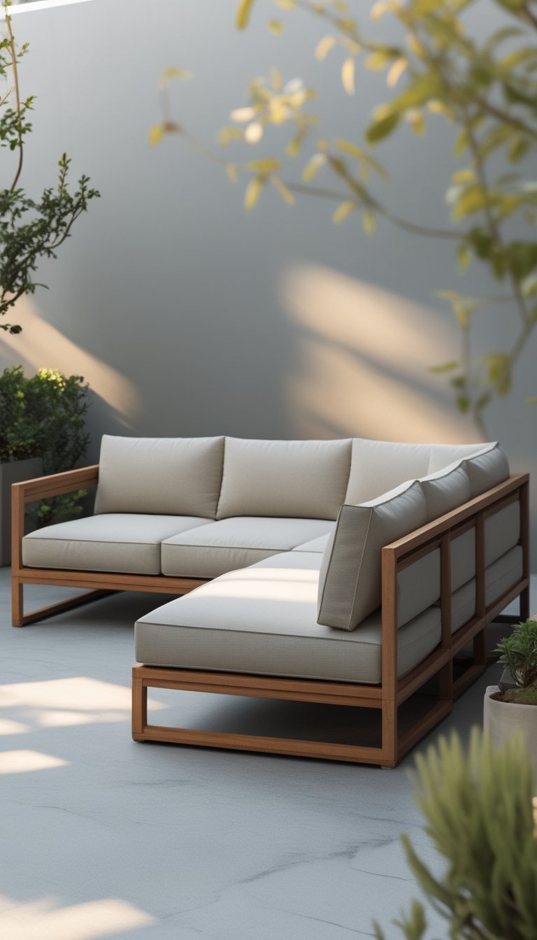 An outdoor patio with a neutral-toned modular sofa with a wooden frame surrounded by plants.