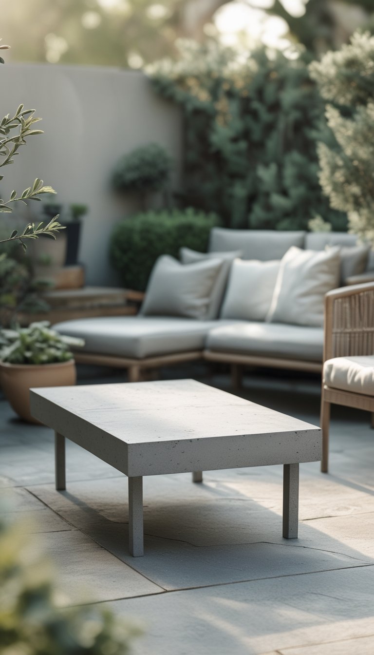 Outdoor patio with a slim concrete coffee table surrounded by seating and plants.