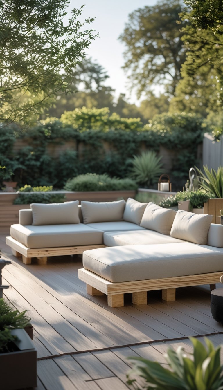 Outdoor patio with a DIY sectional sofa made from plywood and foam, covered with a fitted slipcover, surrounded by plants and greenery.