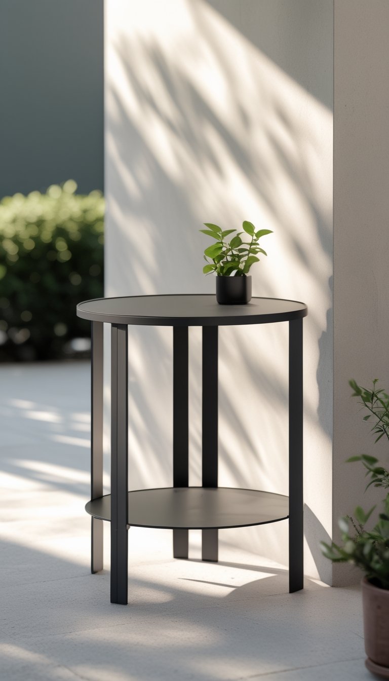 A slim metal side table standing alone on a stone patio surrounded by plants.