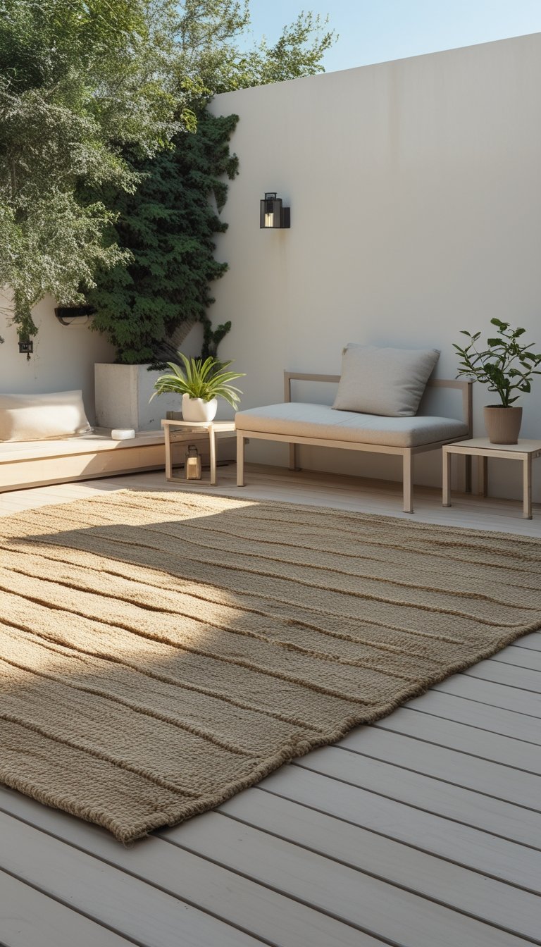 Outdoor patio with a layered natural-fiber rug, wooden bench with cushions, green plants, and natural sunlight.