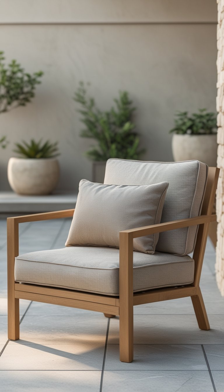 A single lumbar pillow on an outdoor patio chair surrounded by plants and natural materials.