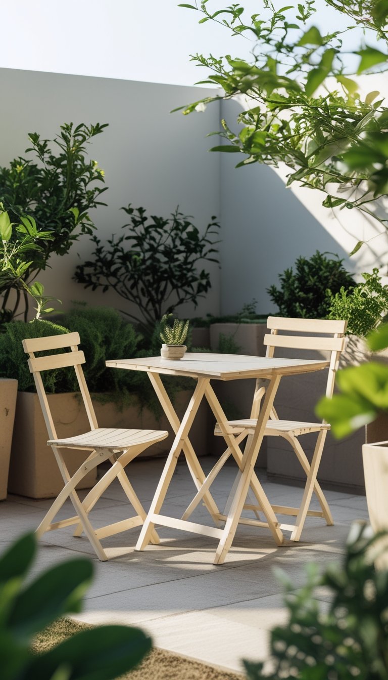 A small outdoor patio with a foldable pale-wood dining table and chairs surrounded by green plants.