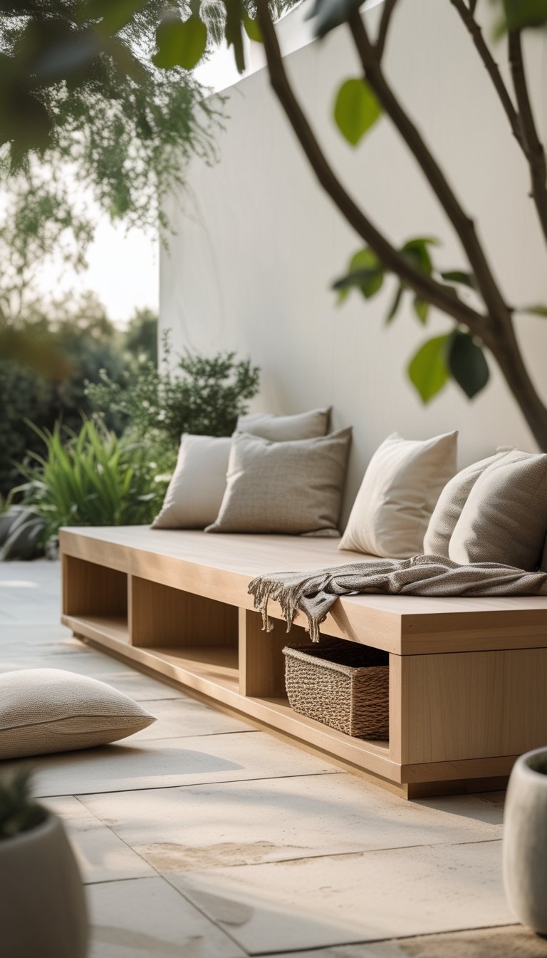 Outdoor patio with built-in wooden bench seating featuring hidden storage compartments and potted plants around it.