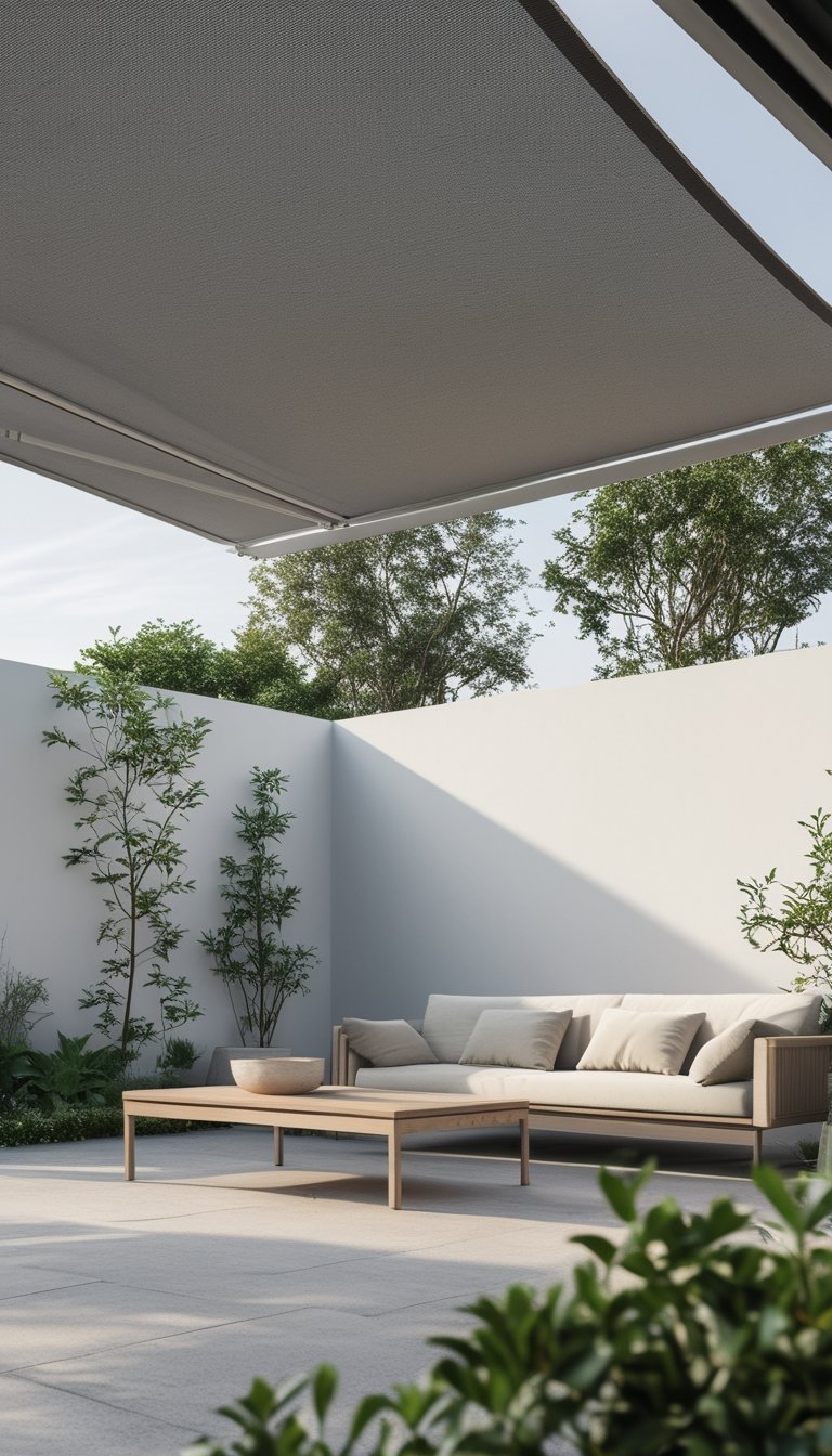 Outdoor patio with a gray retractable fabric sunshade over seating area surrounded by plants and clear sky.