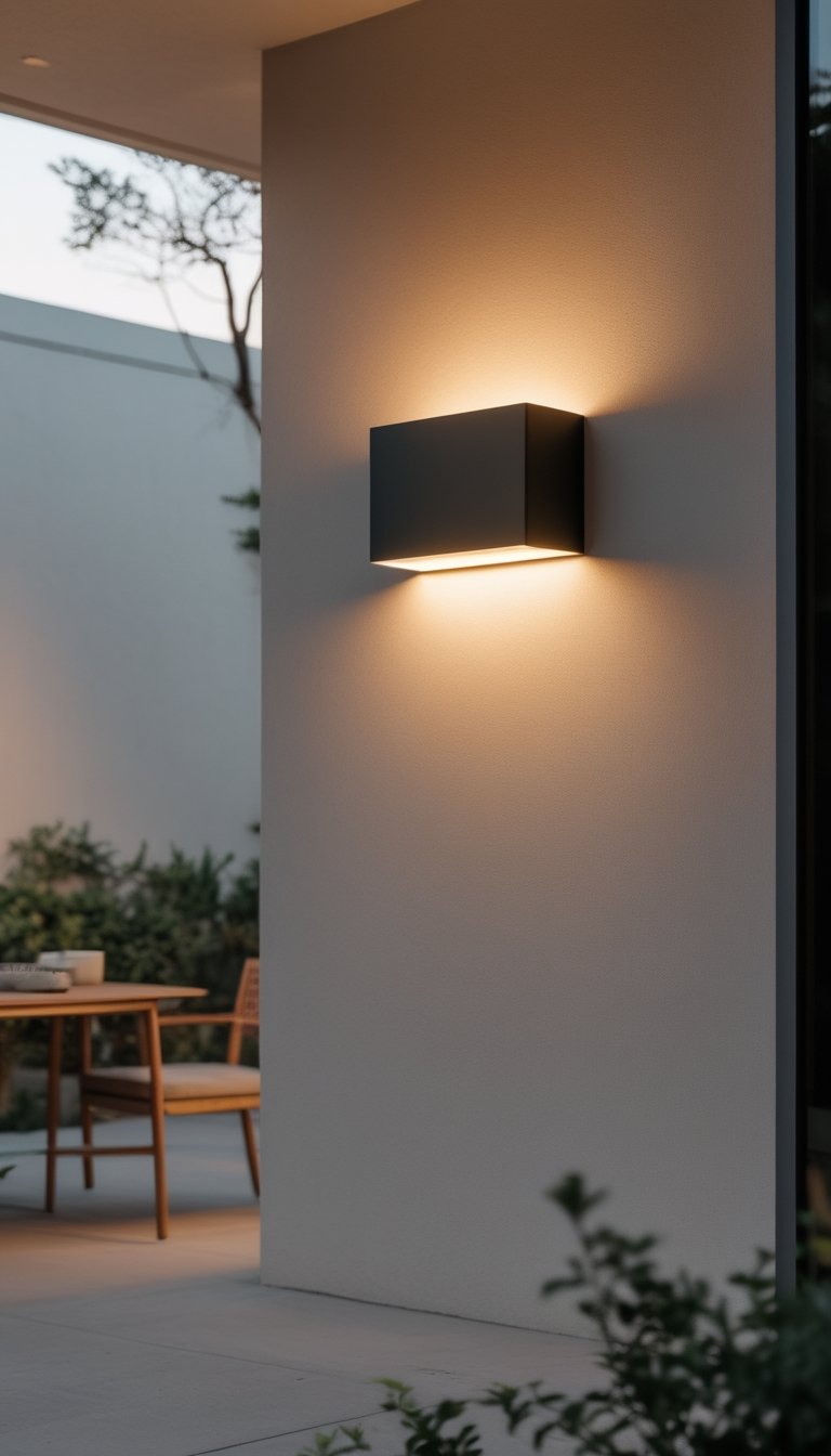 An outdoor patio with a matte-black wall-mounted sconce light illuminating a wooden table and chairs surrounded by plants.