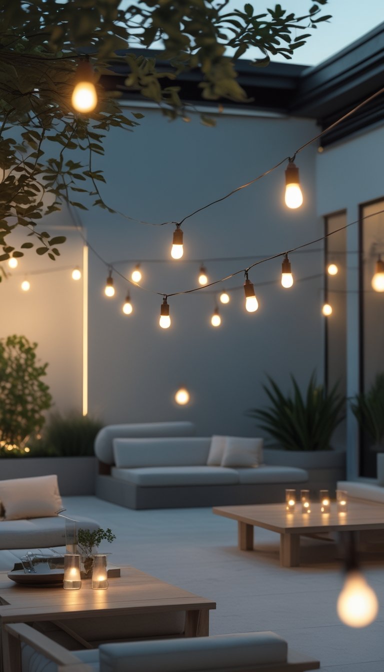 An outdoor patio with warm LED string lights hung simply, surrounded by natural wood furniture and greenery in a calm evening setting.
