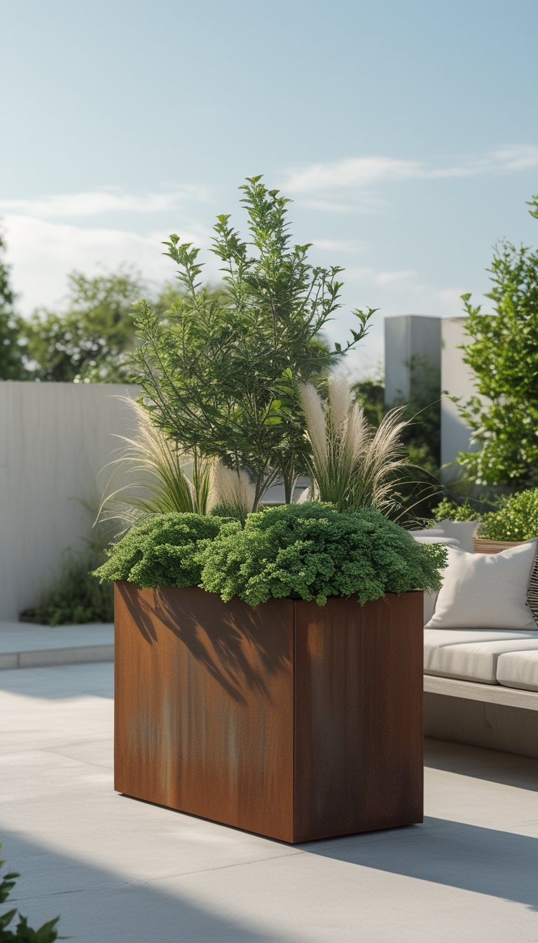 Raised rectangular corten steel planter with green plants on a minimalist outdoor patio with modern furniture and a clear sky.