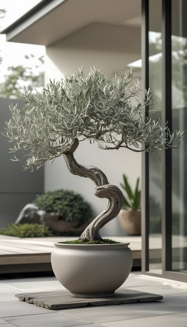 A sculptural olive tree bonsai in a simple pot on an outdoor patio with stone flooring and greenery.