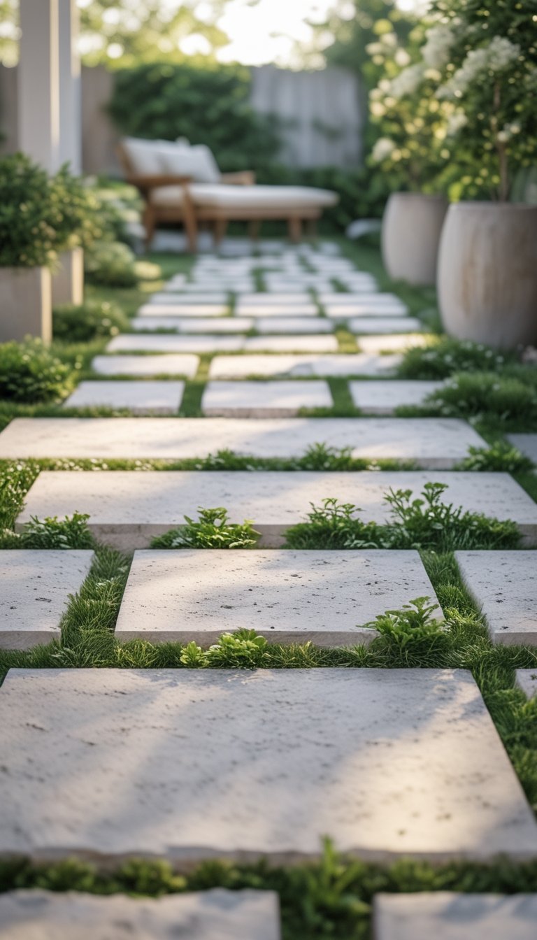 Outdoor patio with limestone stepping pavers and green groundcover plants growing between them.