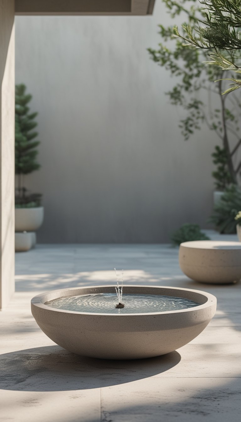 Outdoor patio with a shallow concrete bowl fountain surrounded by plants and stone flooring.