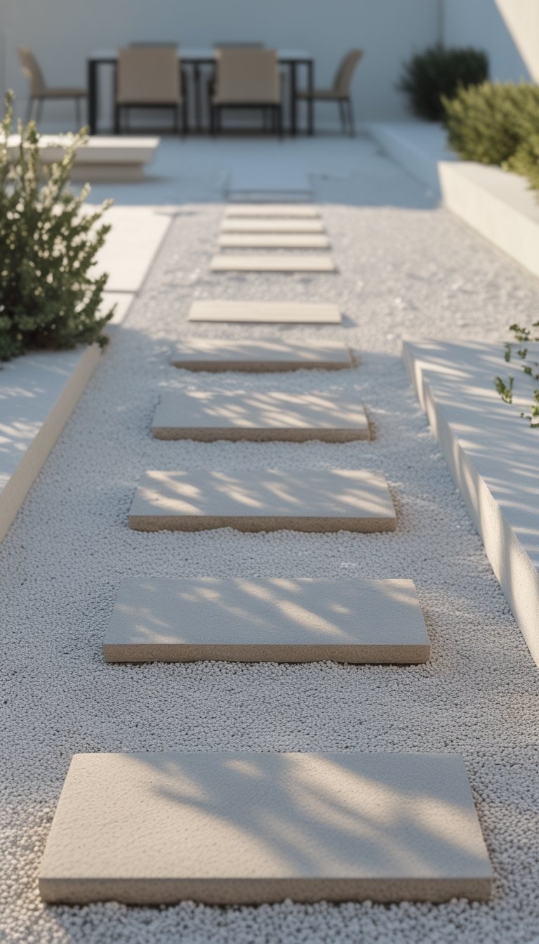 An outdoor patio with gravel groundcover and a single path of rectangular stepping stones leading through it, surrounded by small green plants.