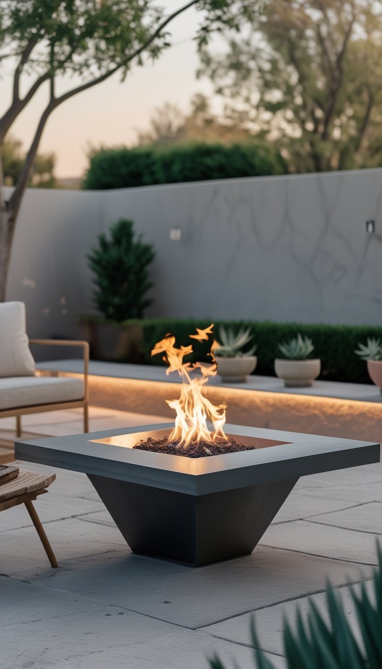 A low-profile raw steel fire pit on a minimalist outdoor patio with seating and plants under natural daylight.