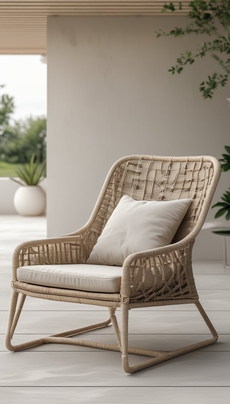 An outdoor woven lounge chair with cushions on a patio surrounded by plants and natural light.