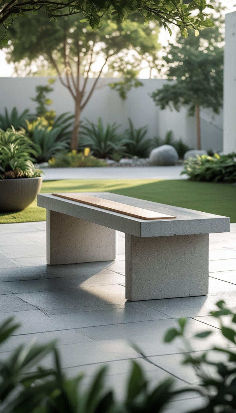 Outdoor patio with a concrete bench that has a wooden seat insert surrounded by plants and greenery.