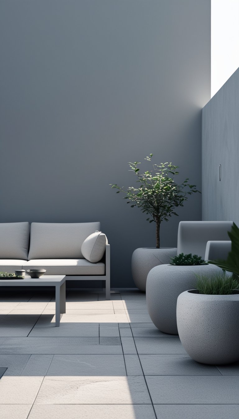 An outdoor patio with gray furniture, stone planters, and tiled floor creating a calm and peaceful setting.