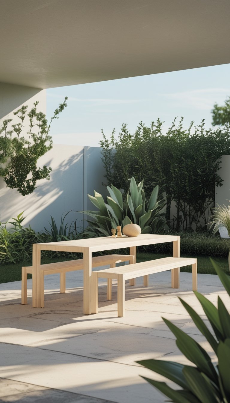 An outdoor patio with a pale-wood dining bench next to a dining table surrounded by green plants under natural daylight.