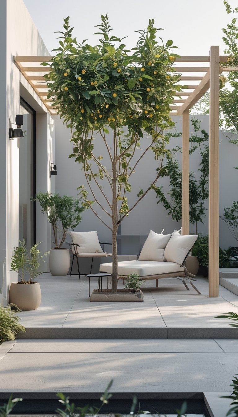 Outdoor patio with a trellis supporting a trained espalier fruit tree, surrounded by simple furniture and plants.