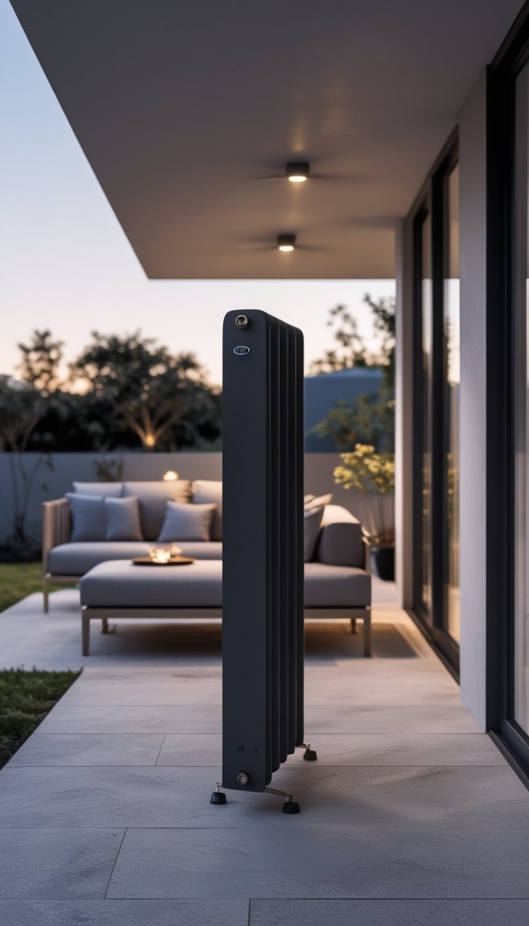 A minimalist outdoor patio with a slim outdoor radiator, modern furniture, and soft lighting during early evening.