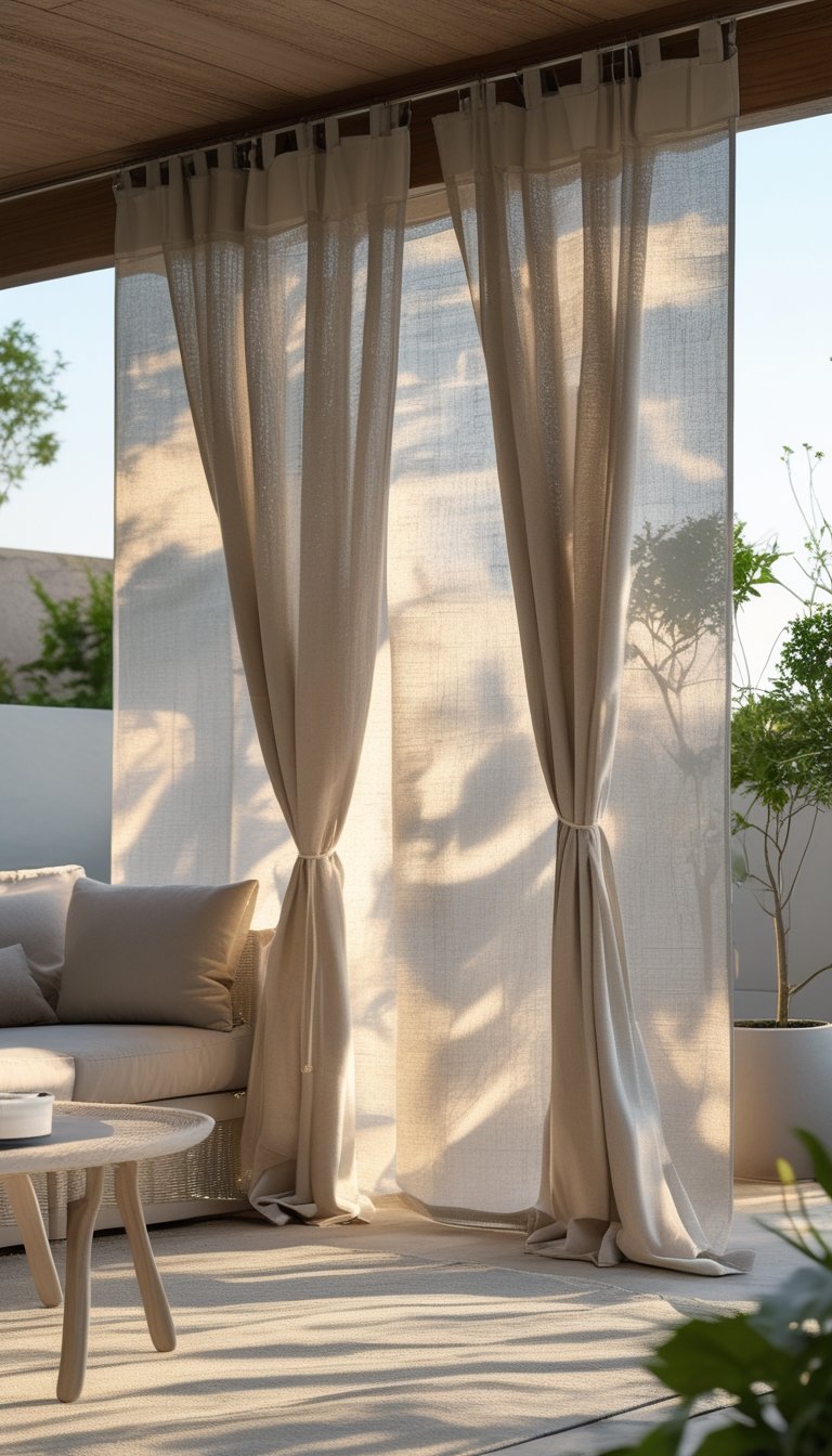 An outdoor patio with weatherproof linen-look curtains, comfortable seating, and plants creating a peaceful retreat.