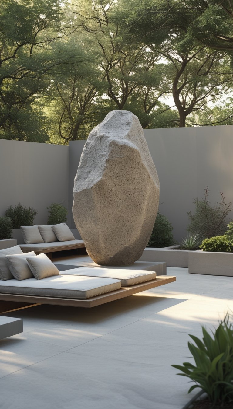 Outdoor patio with a large sculptural stone surrounded by minimalist furniture and plants.
