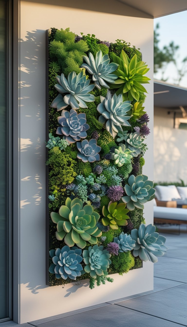 Vertical garden panel covered with a variety of succulent plants mounted on an outdoor patio wall.