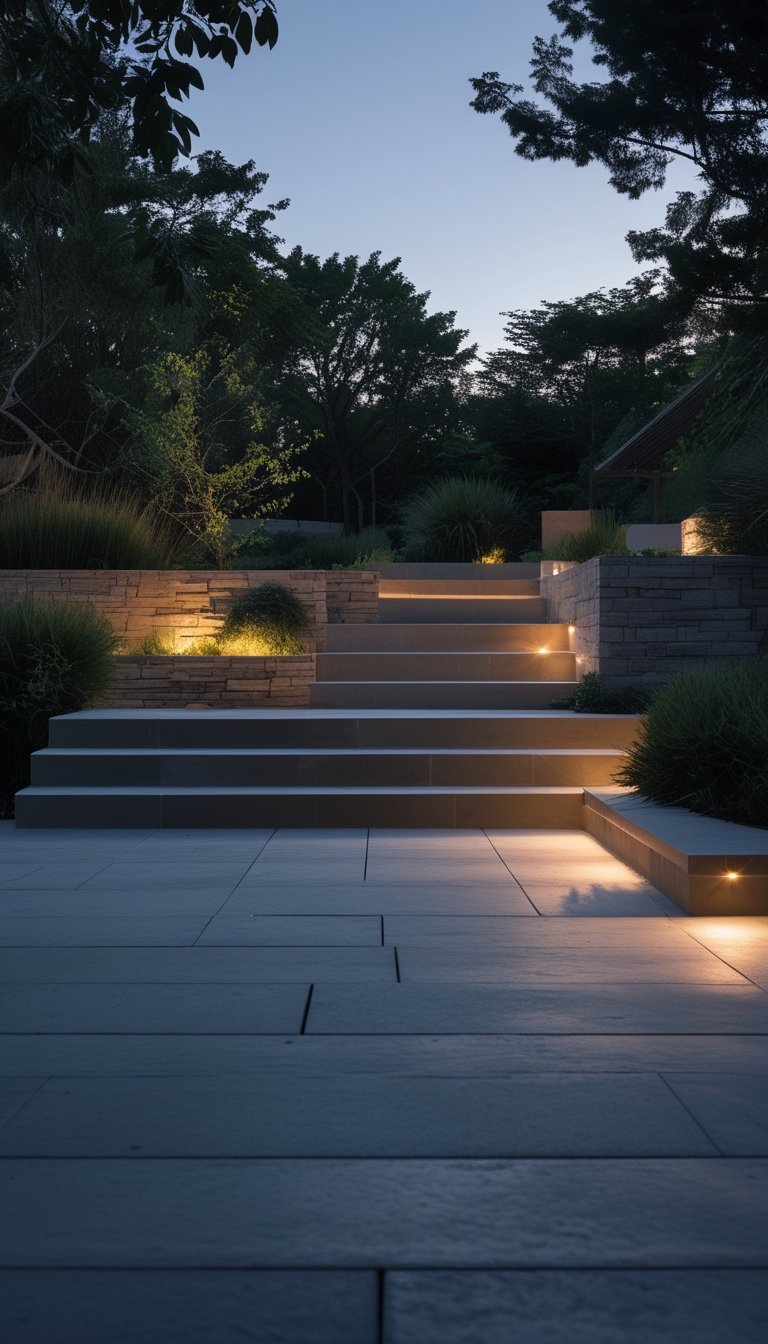 Outdoor patio at dusk with recessed step lights softly illuminating stone stairs surrounded by plants.