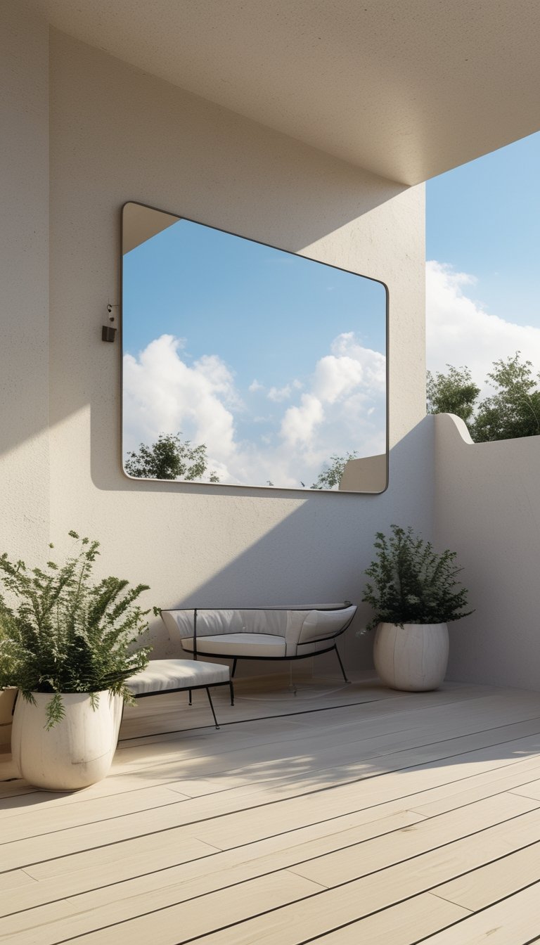 Outdoor patio with a large mirror reflecting the sky, surrounded by simple furniture and plants.