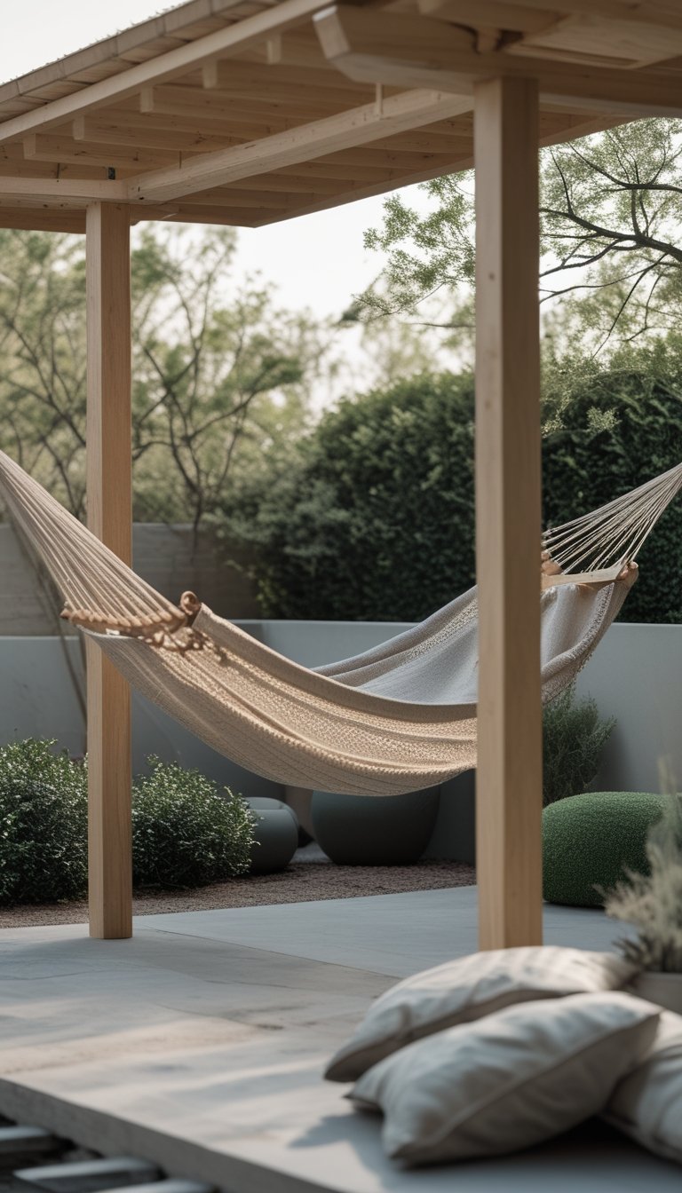 A hammock with wooden spreader bars hanging outdoors between two wooden posts in a peaceful patio setting with plants and stone flooring.