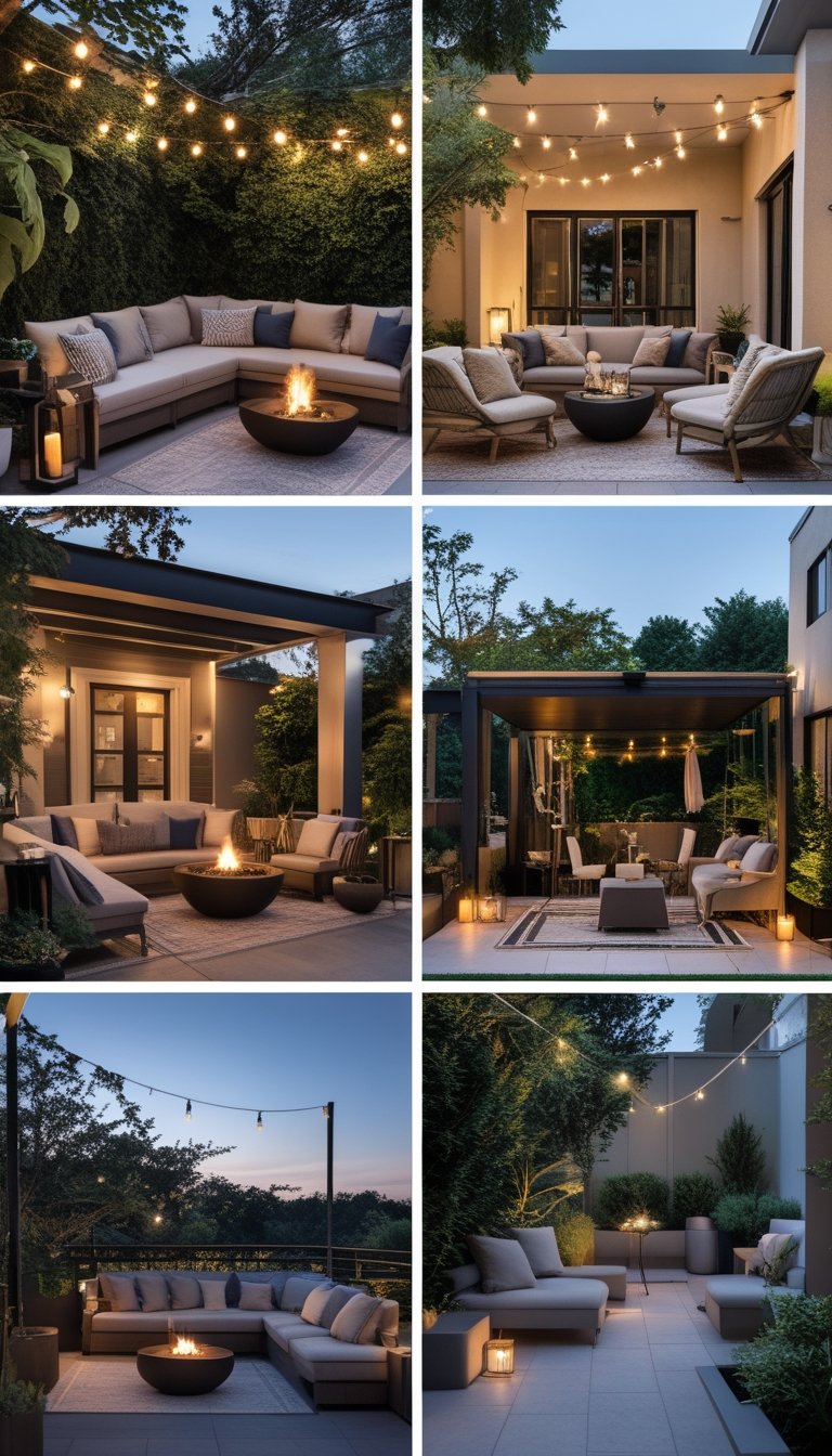 Five different outdoor patio areas with stylish seating, lighting, plants, and decorative elements creating inviting and elegant spaces.