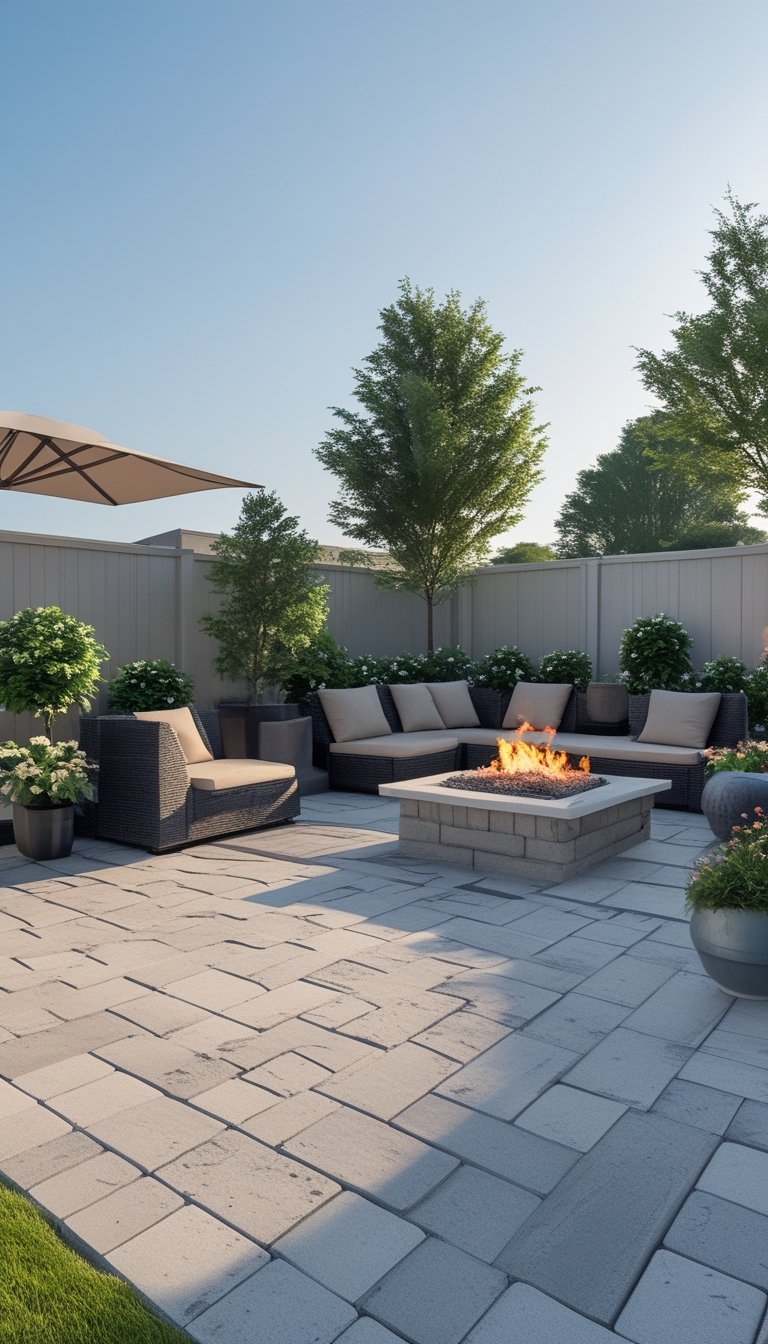 Outdoor patio with modular concrete pavers arranged in a herringbone pattern, surrounded by seating and plants in a backyard.
