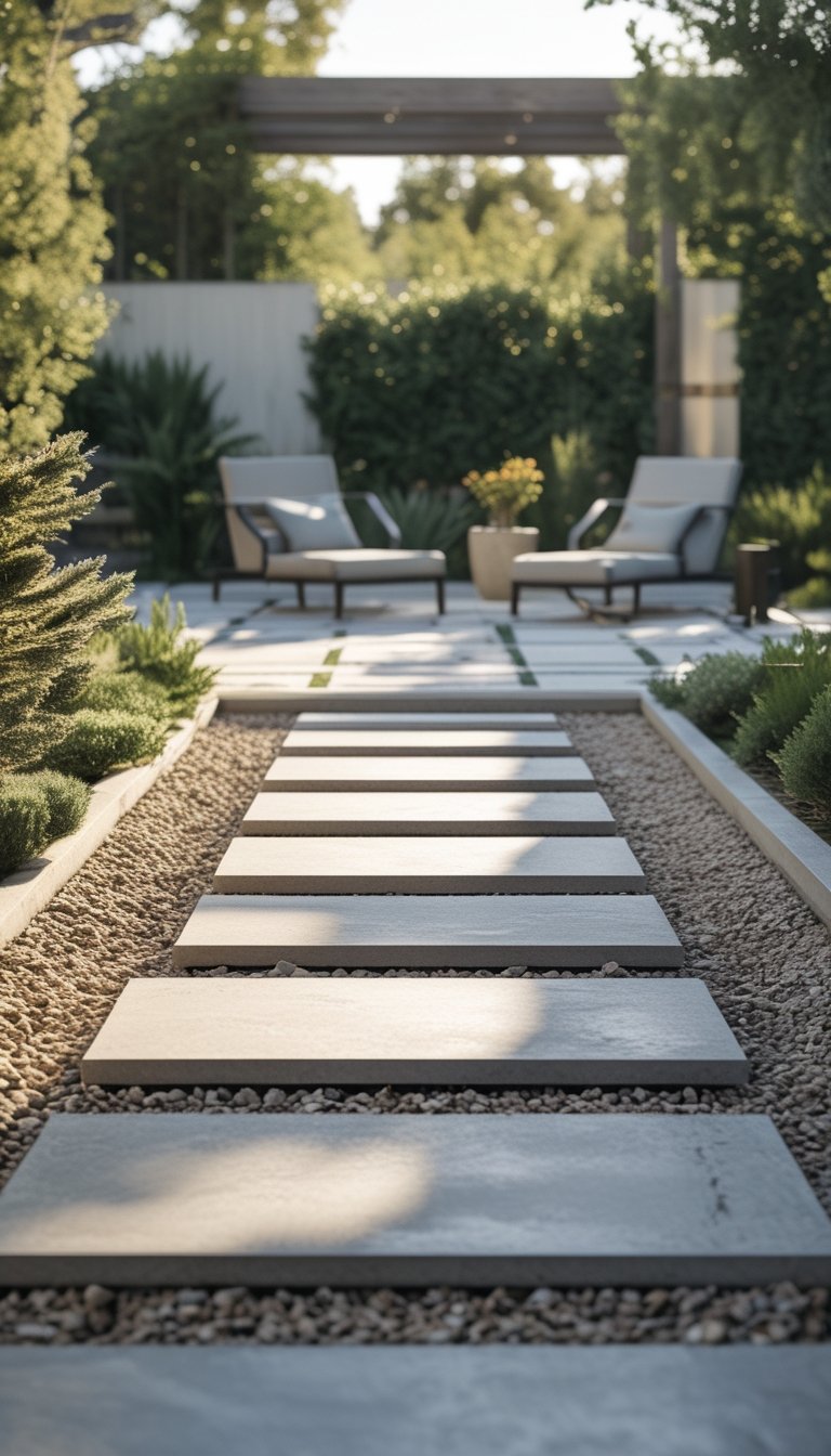 Outdoor patio with square porcelain tile stepping stones separated by gravel, surrounded by greenery and modern outdoor furniture.