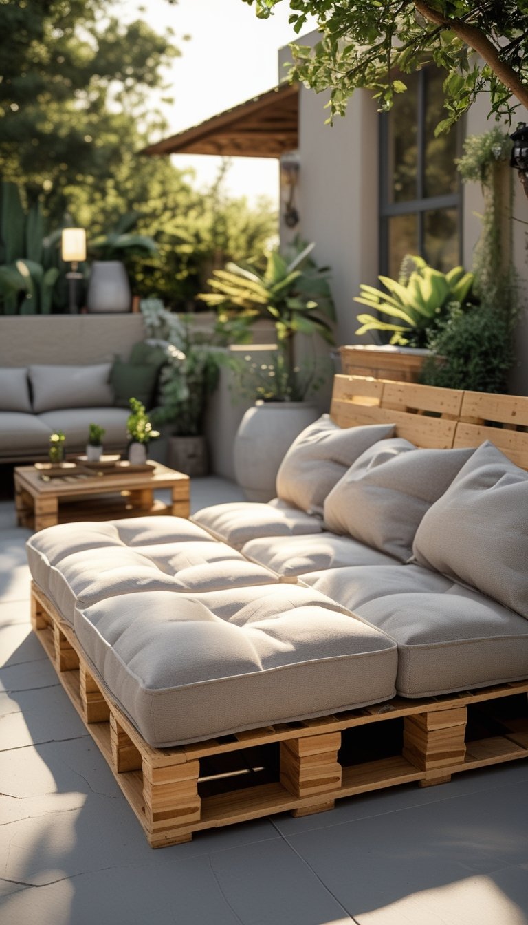 An outdoor patio with a wooden pallet sofa topped with thick cushions, surrounded by plants and a small table.