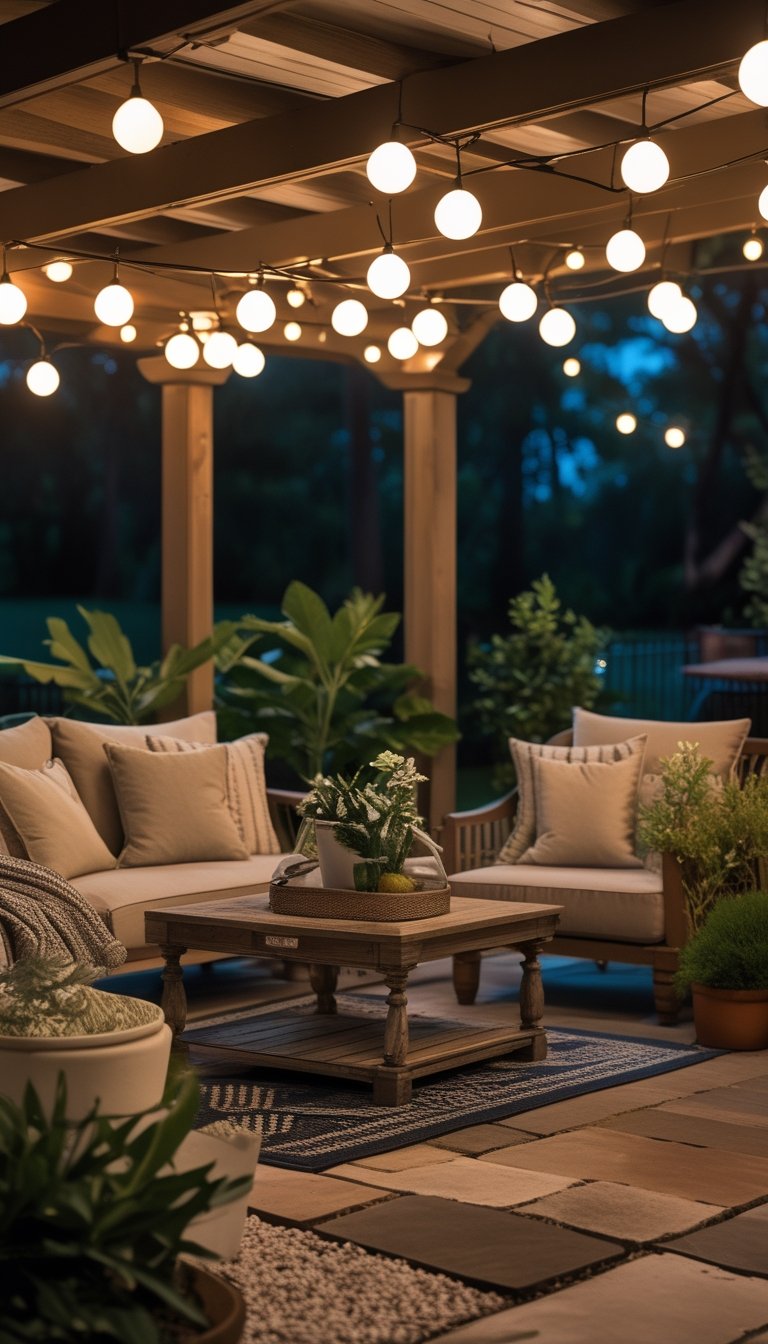 Outdoor patio at dusk with string globe lights, comfortable seating, a wooden table, and plants creating a warm, inviting atmosphere.
