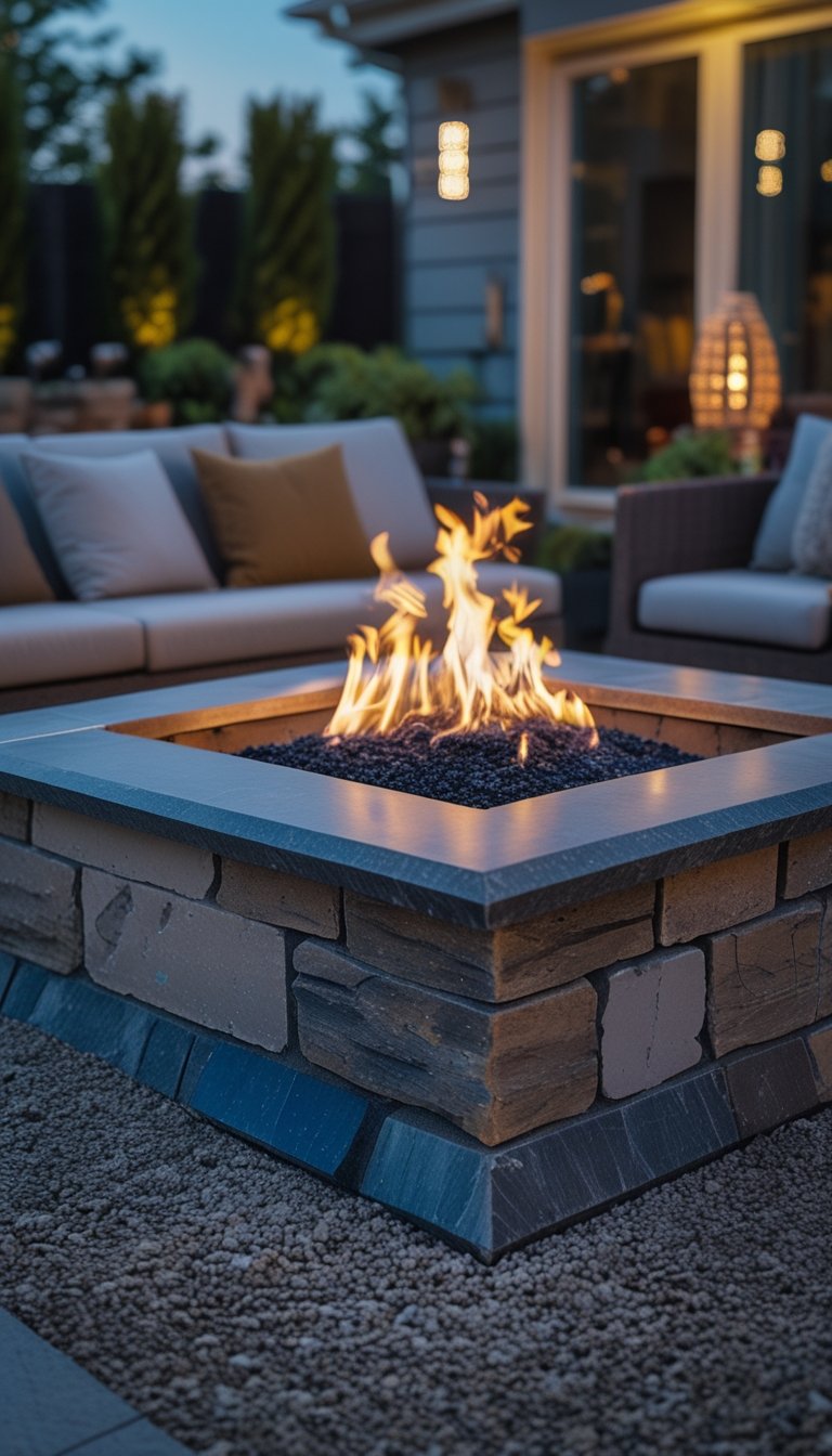A built-in gravel fire pit with bluestone edges surrounded by outdoor seating and plants on a patio.