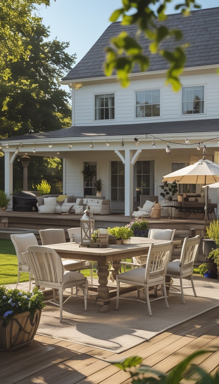 A farmhouse outdoor patio with wooden furniture, cushions, plants, and string lights on a sunny day.