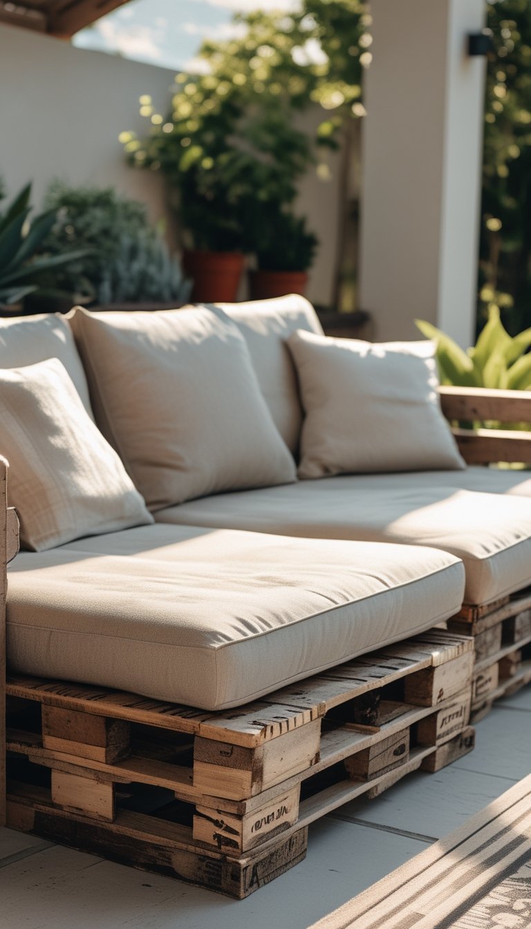 Outdoor patio with a wooden pallet sofa featuring cushions and surrounded by plants.