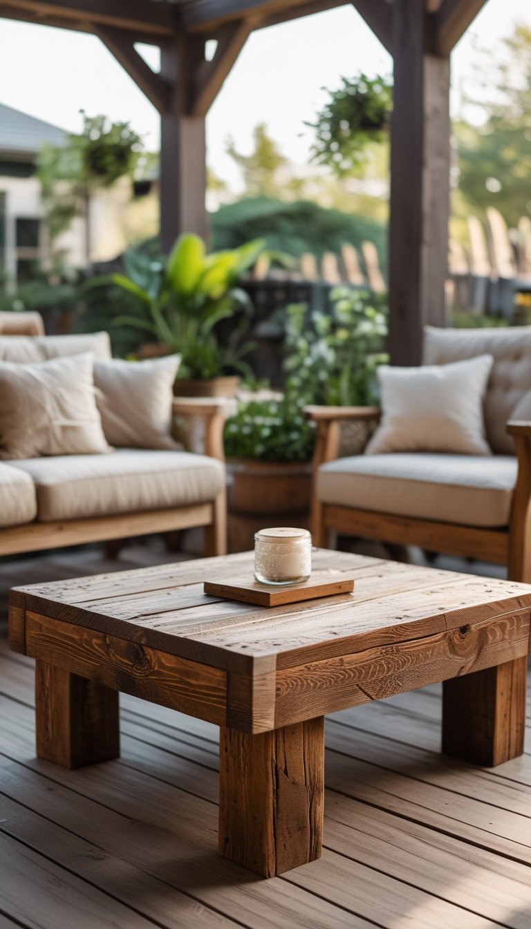 A reclaimed-wood coffee table on an outdoor patio surrounded by seating and plants.