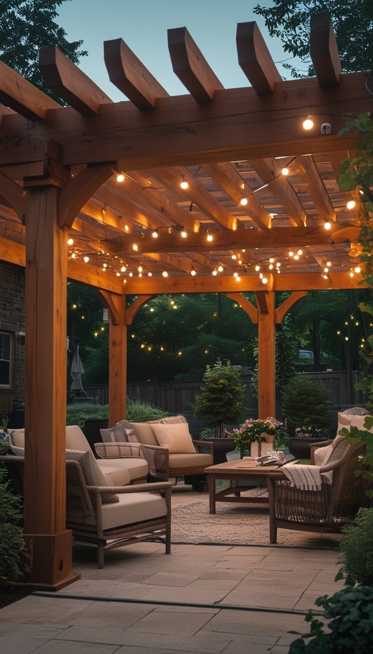 An outdoor patio with a cedar beam pergola decorated with glowing string lights and comfortable seating surrounded by plants.