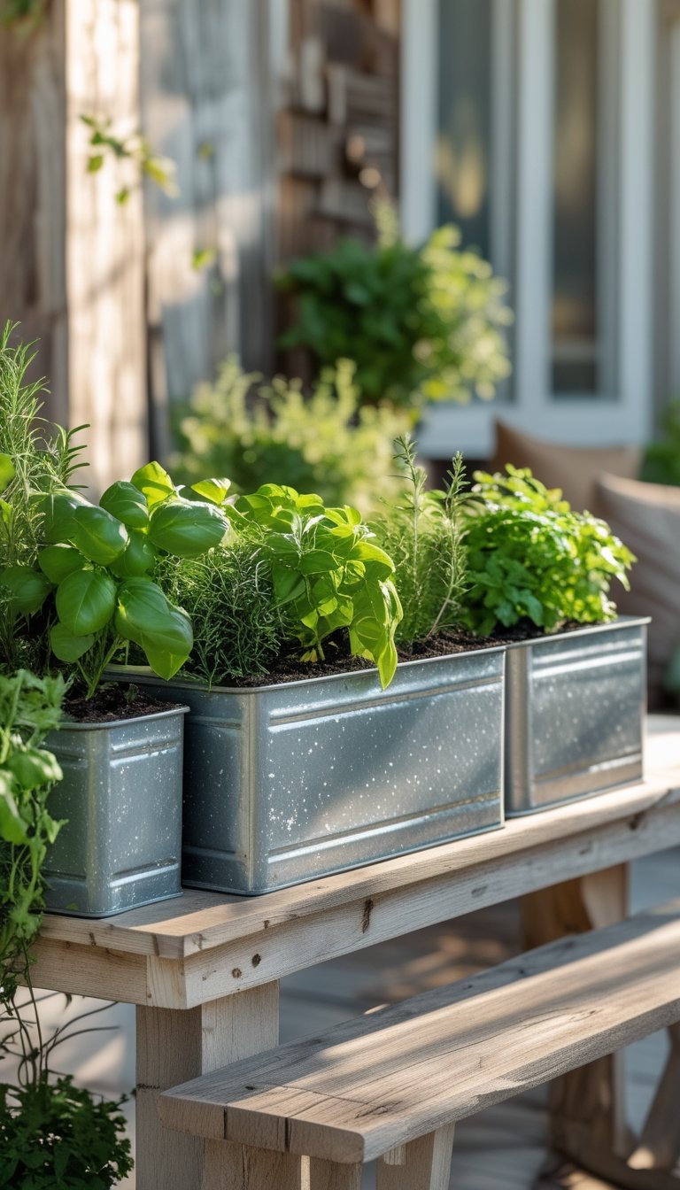 Galvanized metal planter boxes filled with fresh herbs on a wooden outdoor patio table.